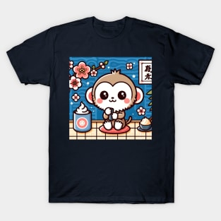 Cute Little Flower Monkey Drinking Tea and Eating Ice Cream Japanese Classic Art T-Shirt